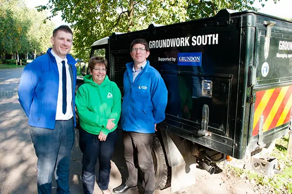 Photo shows Anthony Foxlee-Brown, marketing and communications manager at Grundon, with Stewart Pomeroy, Colne Valley Park CIC managing agent, and Debbie Valman from Groundwork South.