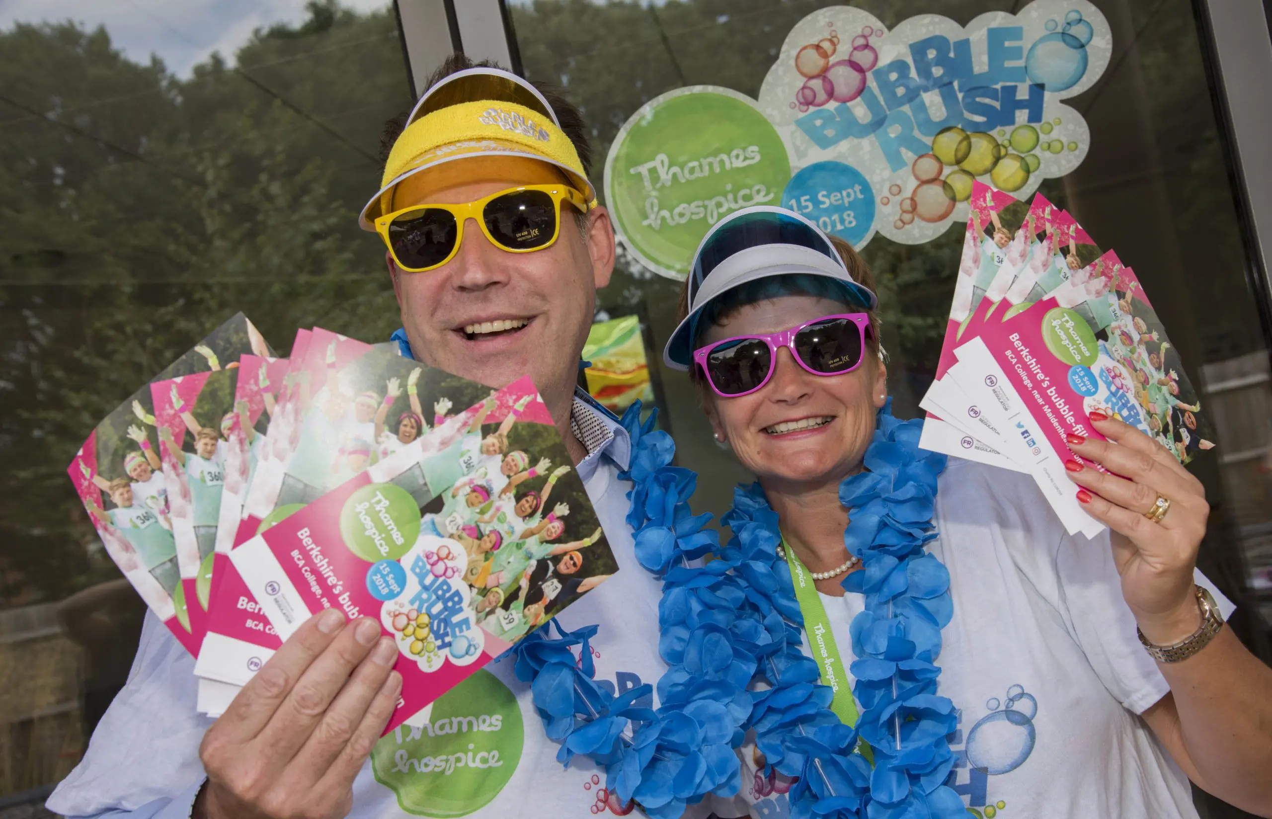Neil Grundon (left) joined Debbie Raven, Chief Executive at Thames Hospice, to show his support for Bubble Rush