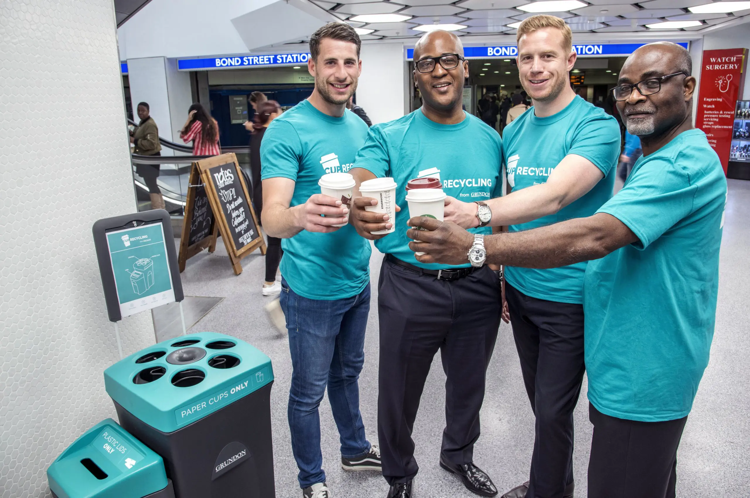 Grundon launch new cup recycling service at West One Shopping Centre: Grundon's Head of Sales, Stephen Hill; West One's Cyrus Annan, Centre Manager; Jack Yarrow, Grundon's Regional Sales Manager; and Victor Nunoo, Operations Manager at West One