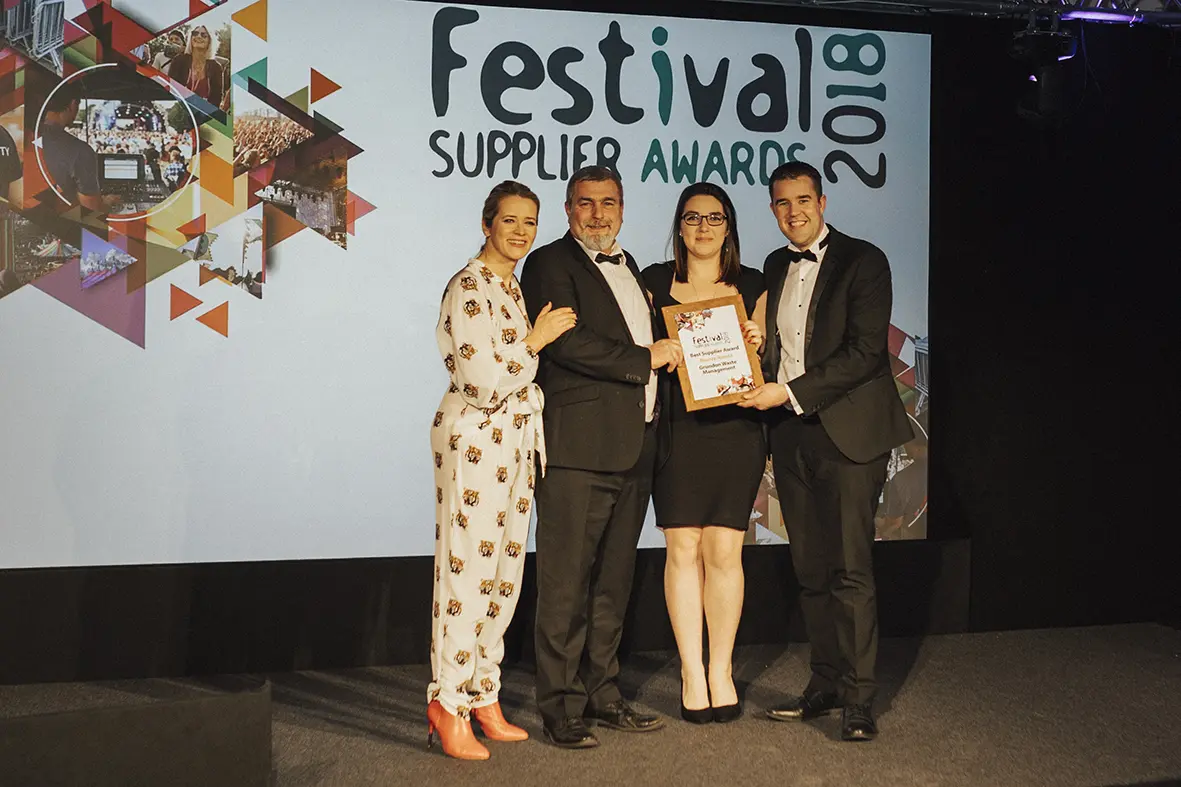 Photo shows: (l-r) Edith Bowman presents Peter Kent, Emma Tobin and Shaun Workman with the Best Supplier Award - Bronze trophy.