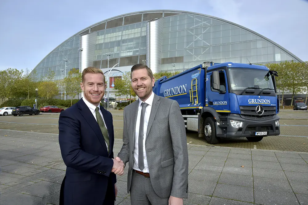 Gold standard of waste management: Stephen Hill, Head of Sales at Grundon, with Carl Meale, General Manager at Savills, the managing agent which runs Xscape Milton Keynes on behalf of owner Landsec.