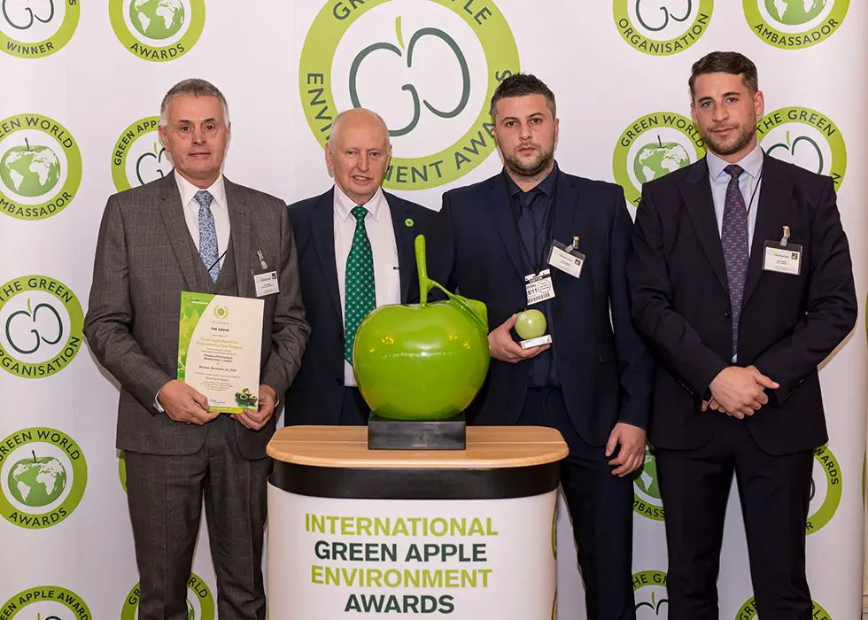 Peter Hollingworth, Group Purchasing Director at Ralph Trustees (left) and Jamie Grierson, The Grove’s Back of House and Logistics Manager (second from right) were joined by Jack Yarrow, Regional Sales Manager at Grundon Waste Management to collect the Silver Green Apple Award for Environmental Best Practice in the Sports, Leisure and Hospitality Wastes Management category from Roger Wolens, Founder of The Green Apple Awards and Chief Executive Officer of The Green Organisation (centre)