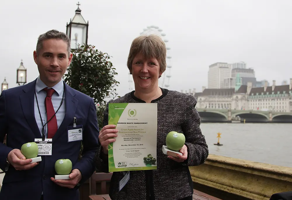 Grundon Waste Management's James Gilbert, Environment & Energy Manager and Toni Robinson, Head of Compliance celebrate being Green Apple Award Winners
