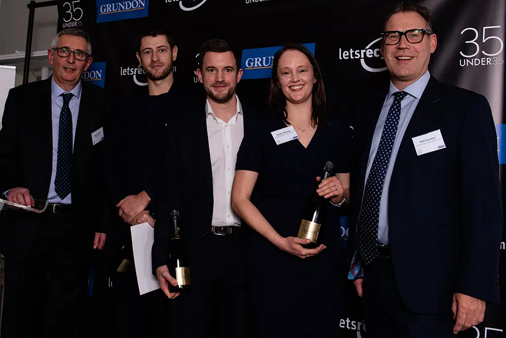 Grundon's Deputy Chairman Neil Grundon (right) presented special awards to (from right to left) Sarah Ottaway from SUEZ Recycling and Recovery UK, Matt Manning from Dixons Carphone PLC, and Arthur Kay from Bio-Bean Ltd; alongside Letsrecycle.com Editor, Steve Eminton (left)