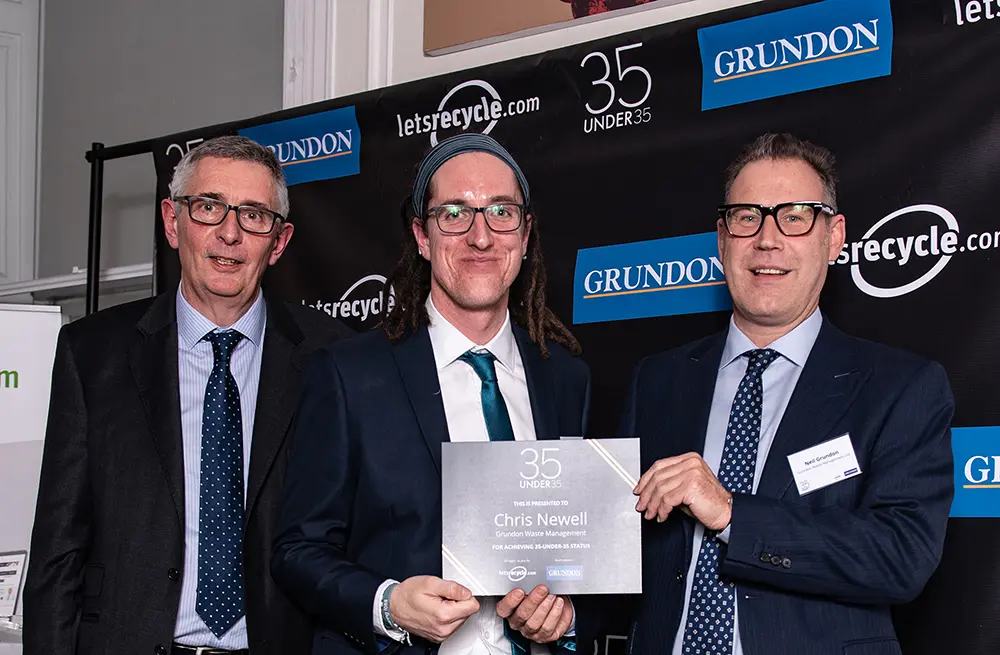 Grundon's Chris Newell (centre), celebrates becoming a 35-under-35 status holder, alongside Letsrecycle.com's  Steve Eminton (left); and Neil Grundon (right)