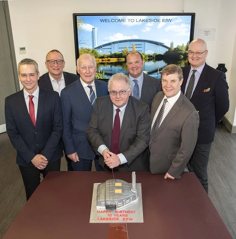 Celebrating a decade of business and environmental success : (from left to right) Danny Coulston, Operations Director, Lakeside Energy from Waste; Richard Pennells, Managing Director, Viridor Energy; Norman Grundon, Chairman, Grundon Waste Management; Doug Benjafield, Chairman, Lakeside Energy from Waste; Clayton Sullivan Webb, Managing Director, Grundon Waste Management; Richard Skehens, Director, Lakeside Energy from Waste; and Simon Pugsley, Company Secretary, Pennon