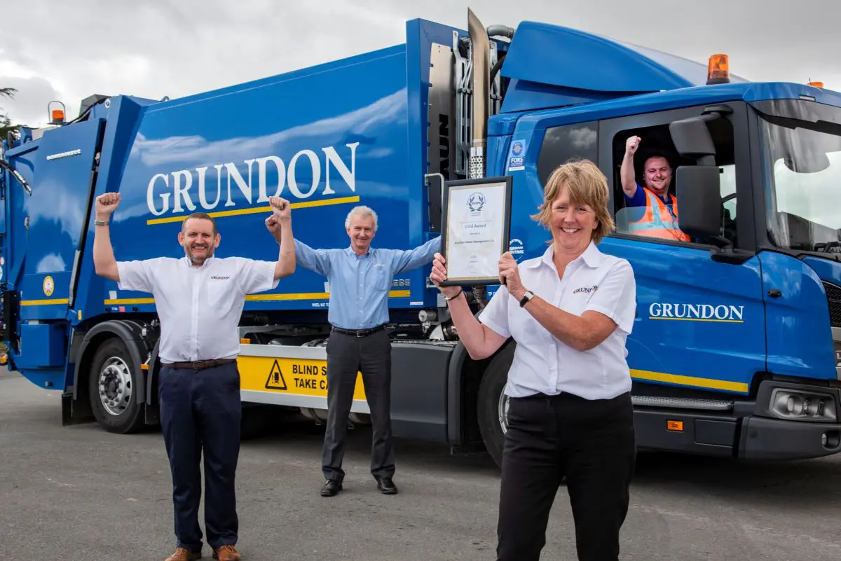 Members of the Grundon team celebrated winning a prestigous Gold Award from the Royal Society for the Prevention of Accidents (RoSPA) for Health and Safety Excellence. From left to right: Reg Hodson, Safety, Health, Environment and Quality (SHEQ) manager; Stephen Roscoe, Technical Director; Toni Robinson, Head of Compliance; and James Marlow, Lead Driver