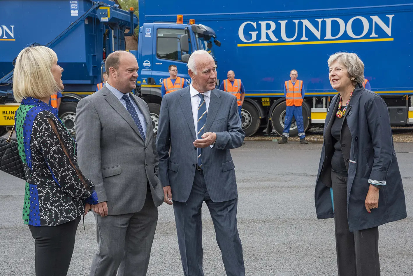 Theresa May MP was welcomed to Grundon's Knowl Hill clinical waste operation by Louise Woodbridge; Clayton Sullivan-Webb, Managing Director; and Norman Grundon, Chairman