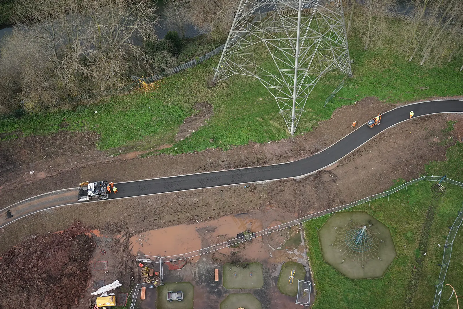  An aerial view of the low carbon asphalt cycle path at Bromford.