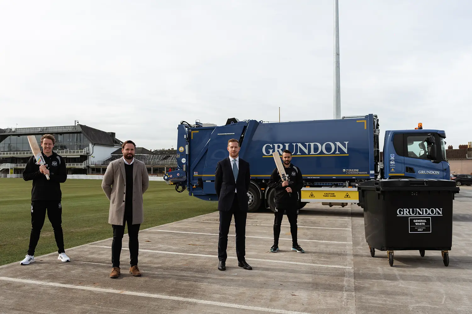 Celebrating the announcement of the new sustainability partnership: (from left to right) George Scott, all-rounder; Joe Kaniecki, business development manager at Gloucestershire Cricket Club; Steve Hill, head of sales for Grundon Waste Management; and Gloucestershire's T20 Captain and all-rounder, Jack Taylor.