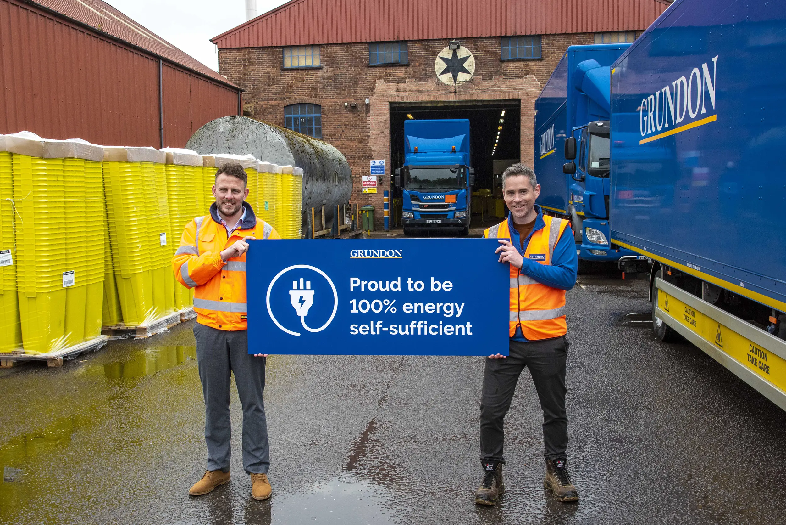 Phil Steer, Commercial Manager – Clinical (left) and James Gilbert, Environment & Energy Manager (right) , celebrate Grundon's clinical waste operation being completely self-sufficient in green energy.