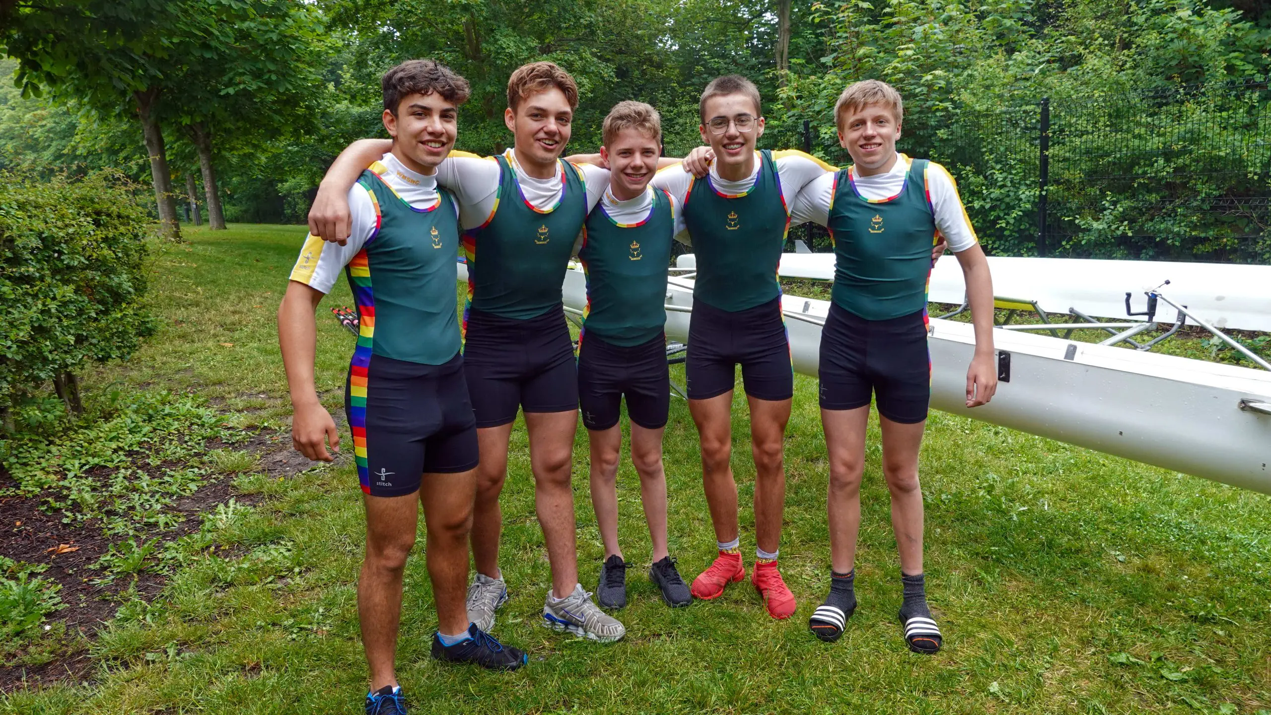 Proudly sporting their Pride kit are the Year 10 rowing crew who competed last weekend at Marlow Regatta. From left: Pedro Theriaga, Sanad Al Qahef, Joshua Claassen, Jimmy Harlow and Aticus Chute.