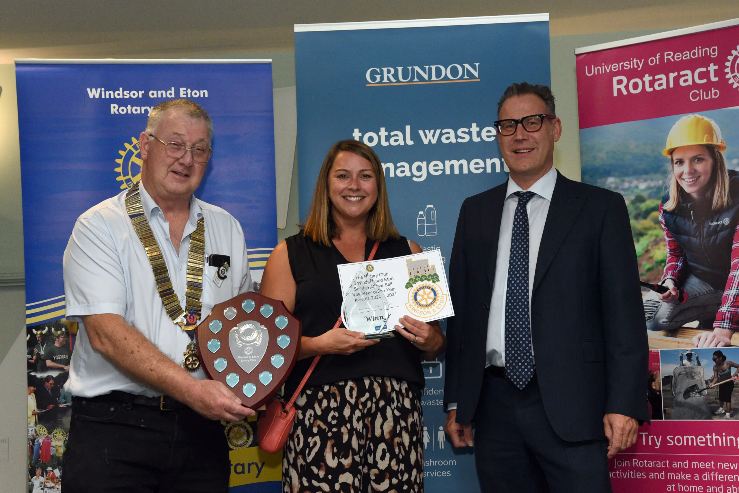 Winner of Volunteer of the Year, Natalie Griffen-Smith is pictured receiving her award from Adrian Benge President WERC (left) and Neil Grundon, Deputy Chairman of Grundon Waste Management.