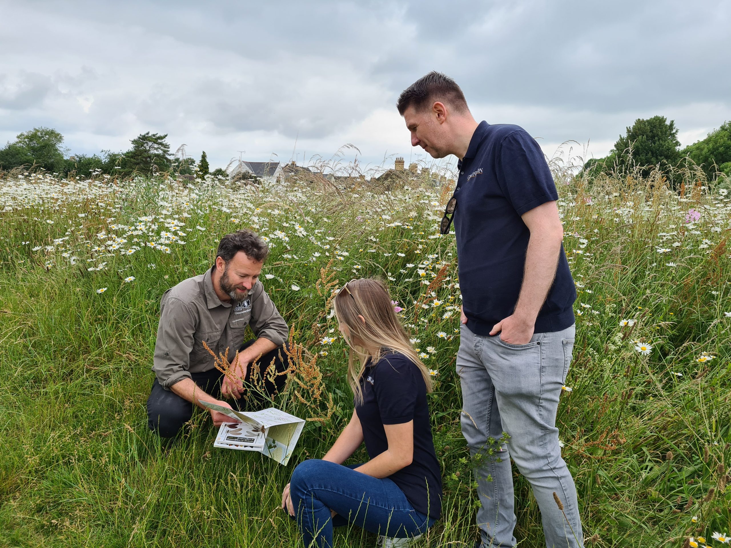 Will Masefield, Project Manager at Gloucestershire Wildlife Trust, shows Kirsti Santer and Anthony Foxlee-Brown from Grundon the variety of invertebrates that are thriving in the wildflower meadows thanks to the Trust's Cirencester Meadows Project.