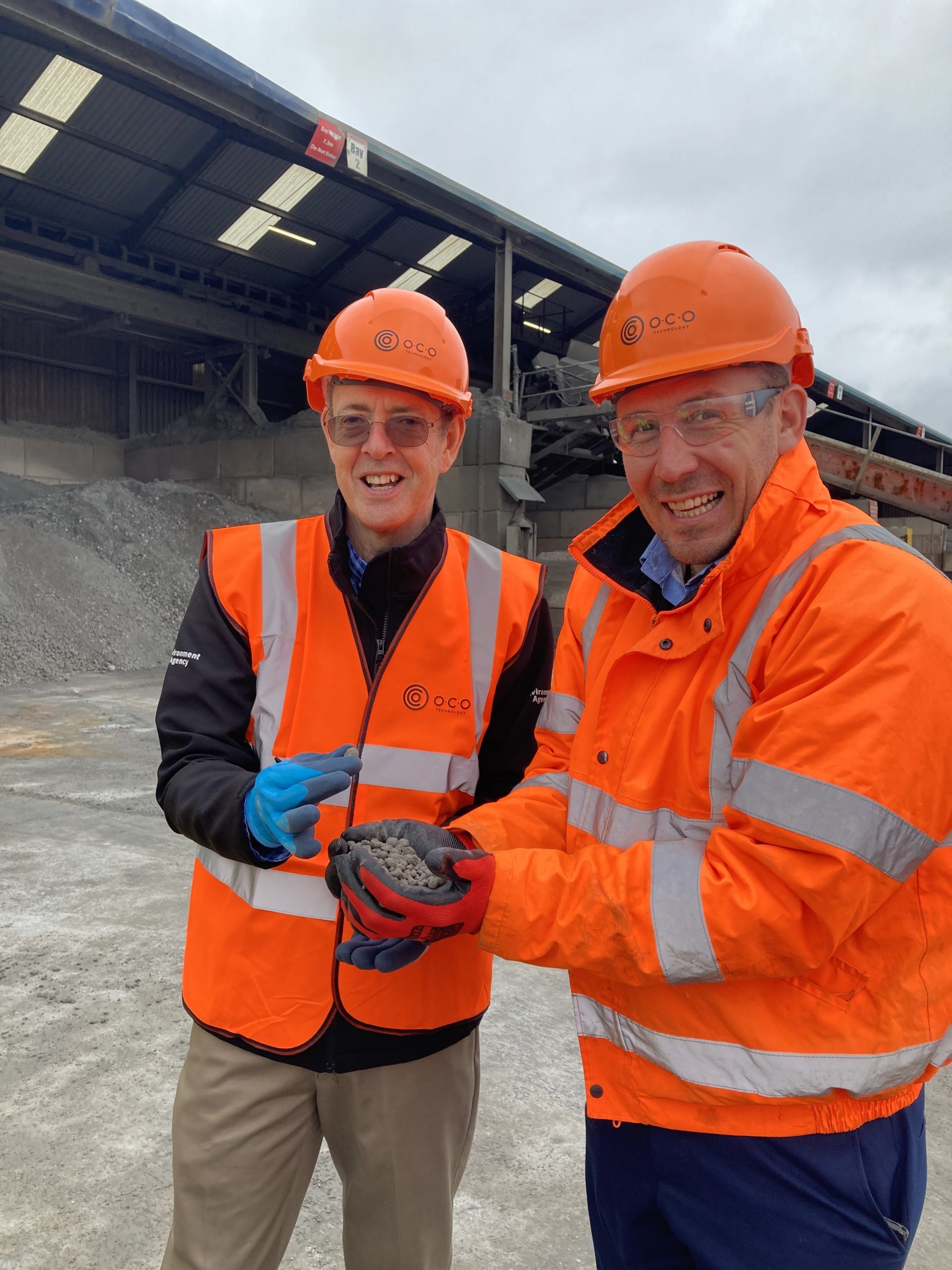 Pictured left is Sir James Bevan, CEO of the Environment Agency, taking a closer look at O.C.O Technology’s world-leading carbon negative aggregate. Alongside him is O.C.O’s Lee Thompson, Health, Safety, Environment and Quality (HSEQ) Manager.