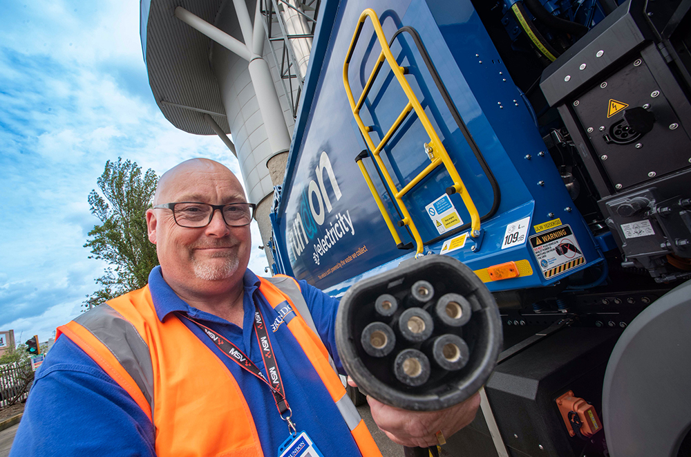 Grundon lead driver Shaun Wormald gets ready to plug in at the Lakeside Energy from Waste facility