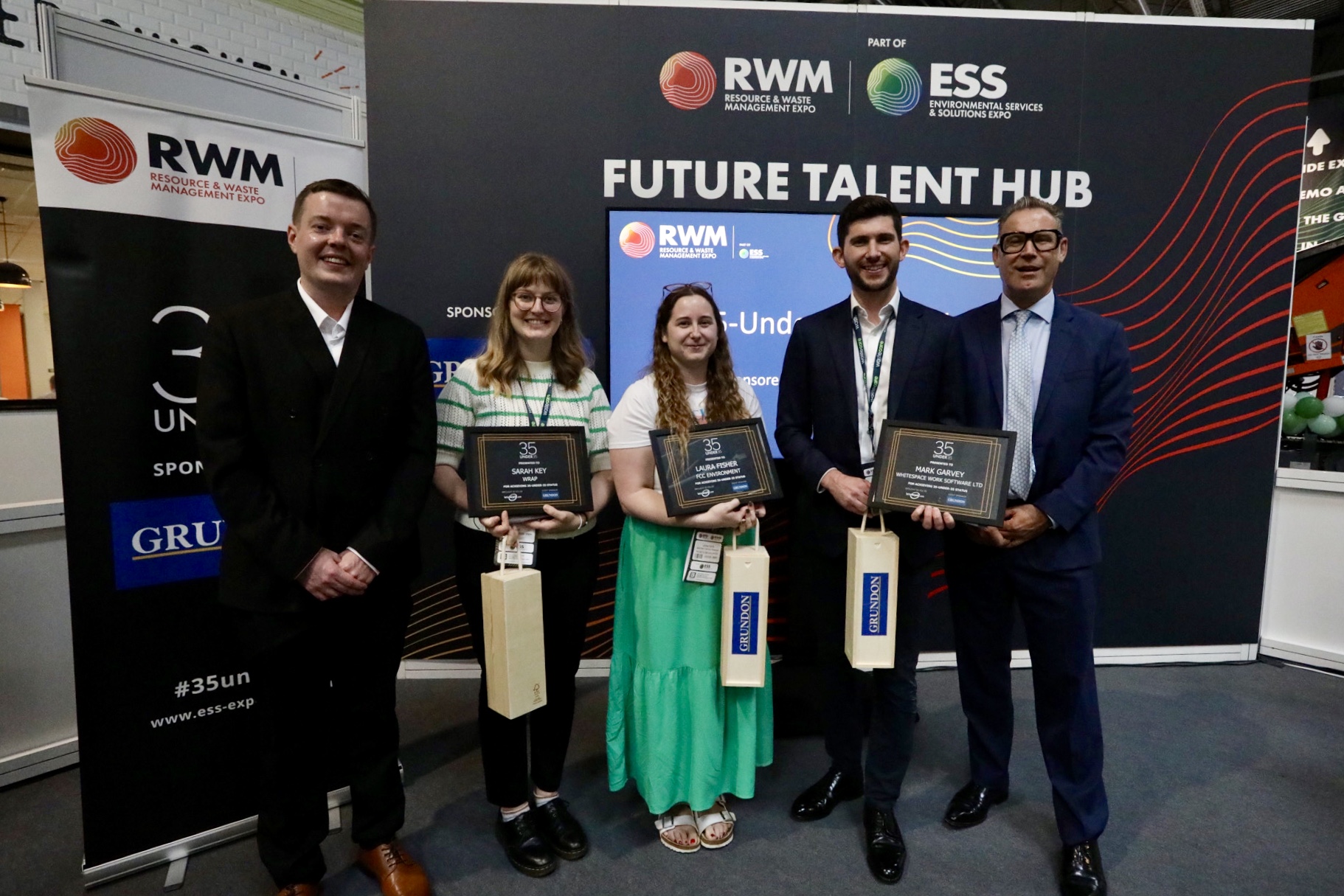 (From left to right) Joshua Doherty, editor of letsrecycle.com joined the top three 35 Under 35 status holders Sarah Key, WRAP; Laura Fisher, FCC Environment; and Mark Garvey, Whitespace Work Software Ltd; along with Neil Grundon