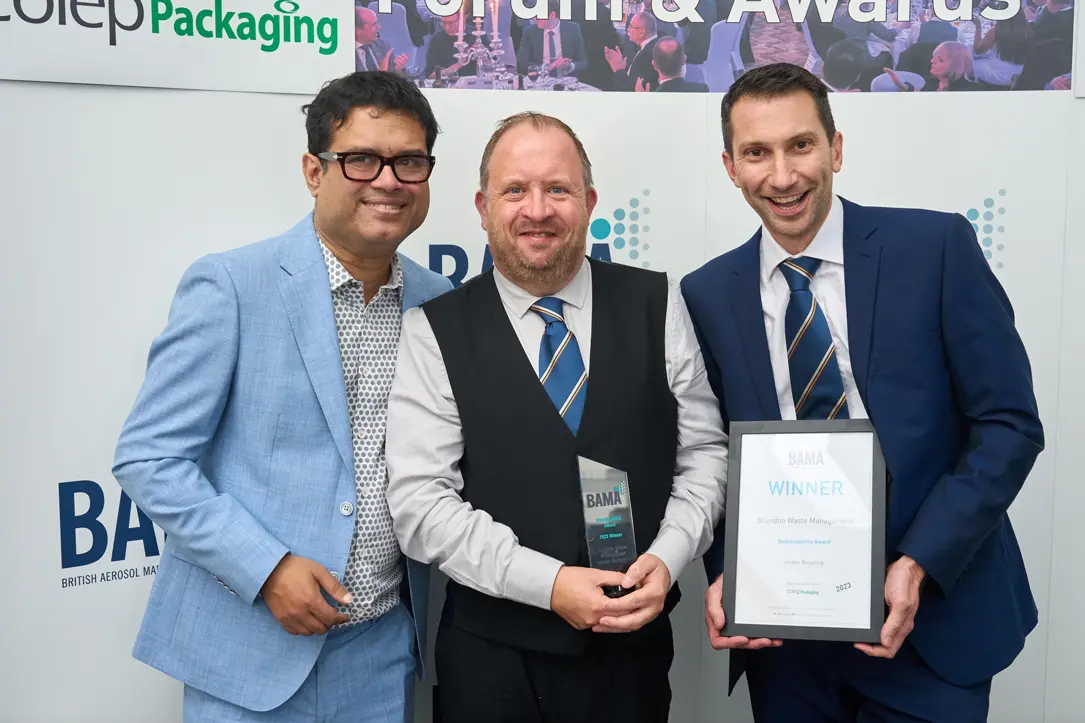 Pictured with the Sustainability award are Grundon’s Paul McConaghy (centre) and Tim Buxton, alongside Paul Sinha, from The Chase, guest speaker for the evening.