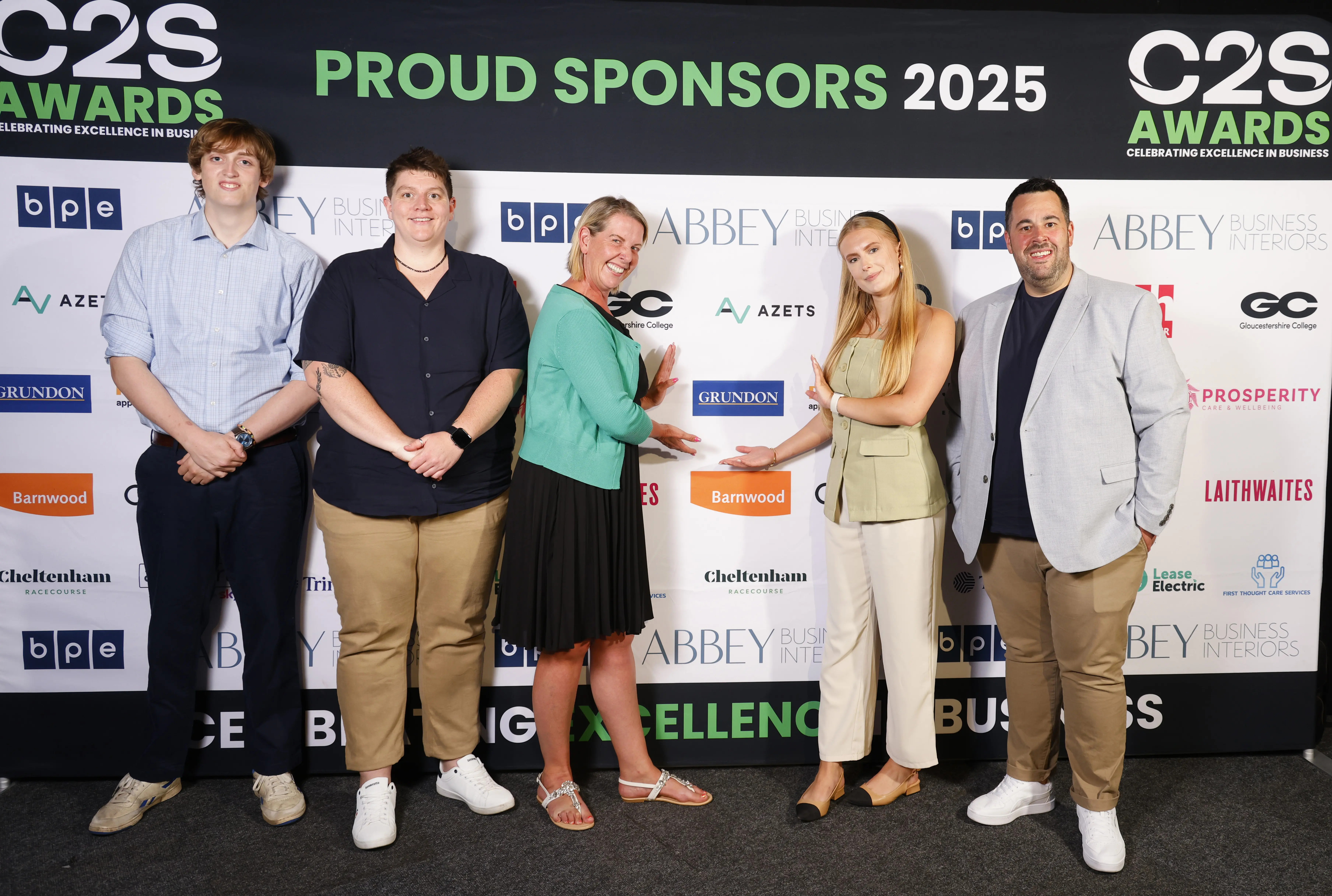 Bev Capewell (Head of HR) Addisen Gregory (Future Talent Lead) and Daniel Peacey (Regional Sales Manager) with Henry Hawkins (SHEQ Administrator) and Julia Wronska (Waste Management Sales) - both of whom have recently completed apprenticeships at Grundon 