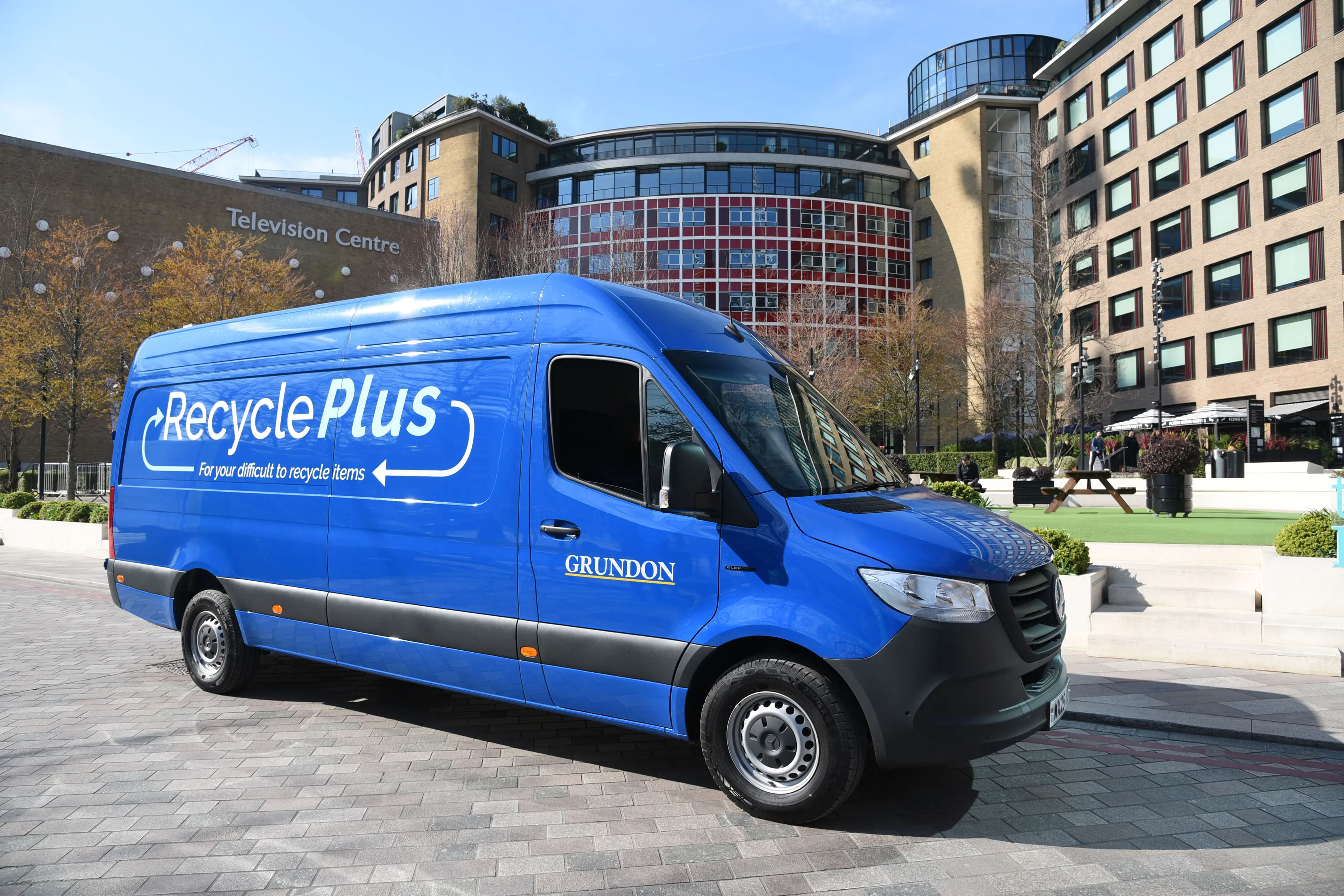 Grundon's fleet of electric vehicles includes the RecyclePlus van, which collects historically difficult to recycle items, such as paper towles, paper cups and compostables