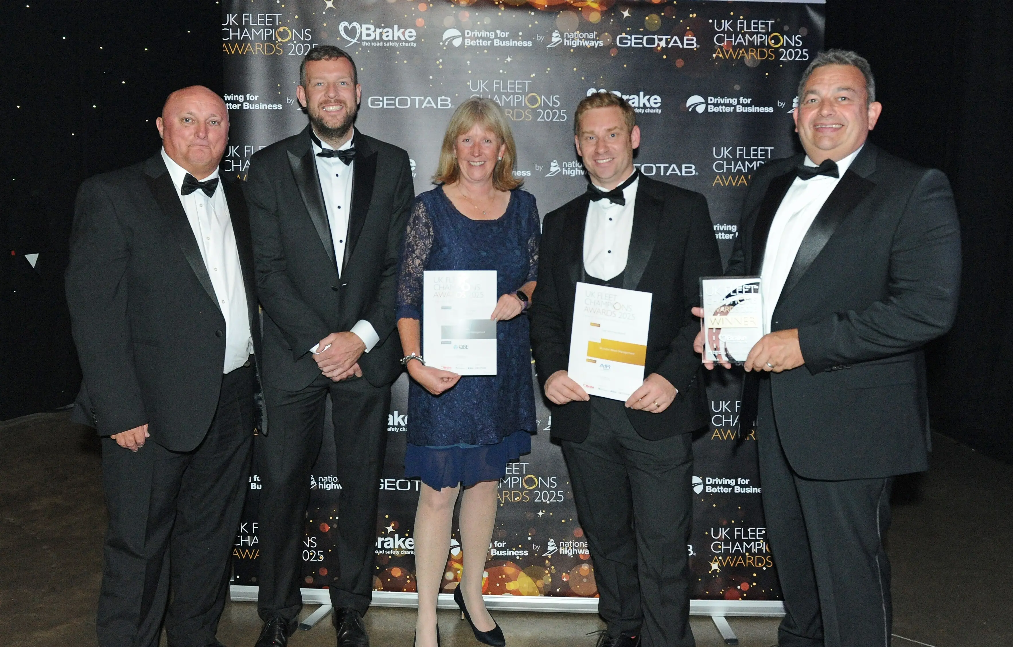 Dave Kenney (Regional Operations Manager), Frank Hitchings (Fleet Engineer), Toni Robinson (Risk & Sustainability Director), Chris Double (Regional Operations Manager), John Stephens (General Manager – Logistics) at the UK Fleet Champions Awards ceremony