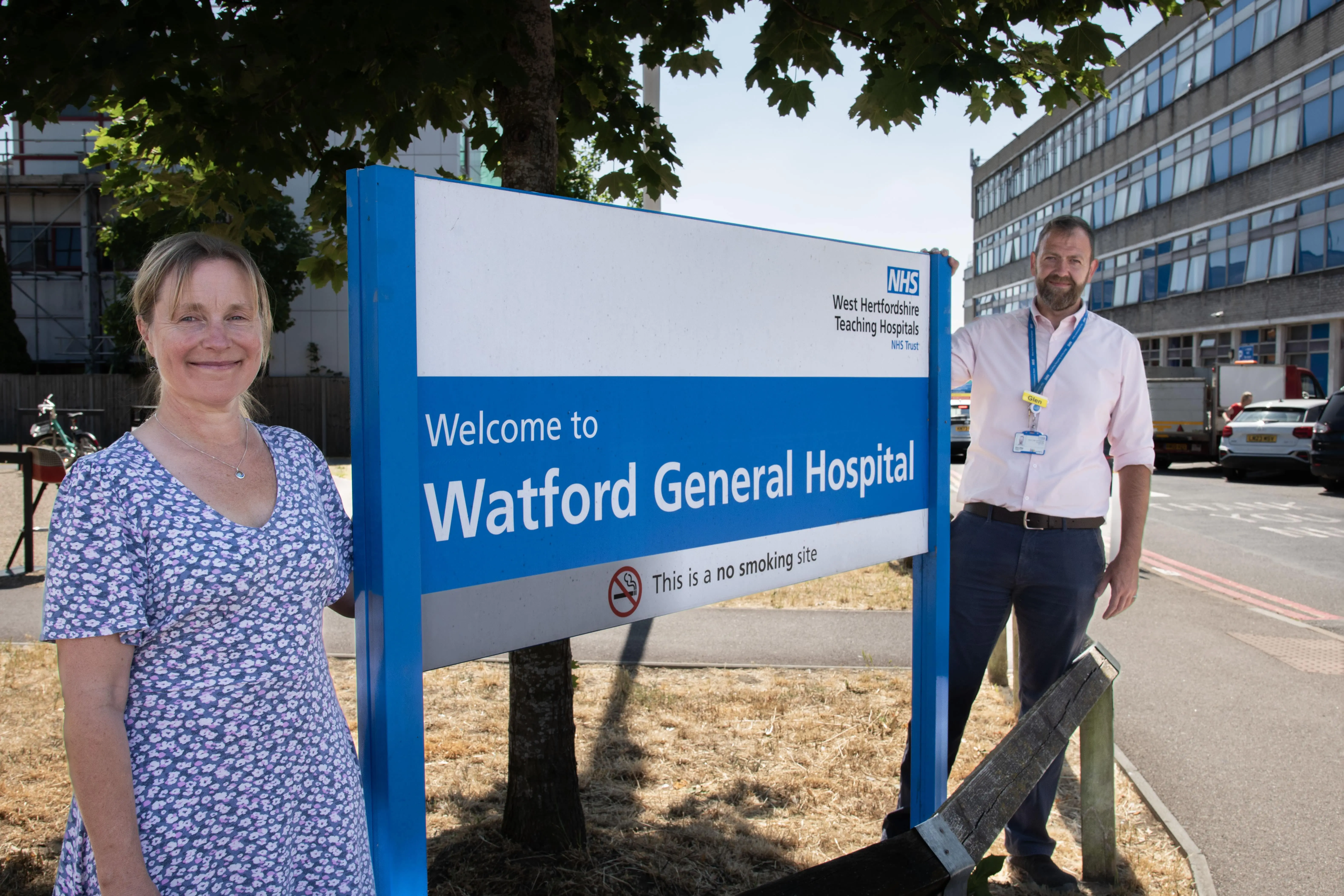 Becky Lillywhite, Contract Manager – Clinical, outside Watford General Hospital with Glen Riley, Waste Manager