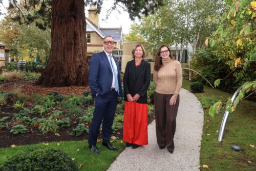 Dame Laura Lee, DBE, chief executive of Maggie’s, (centre) with Neil and Derna Grundon during their tour of the garden.